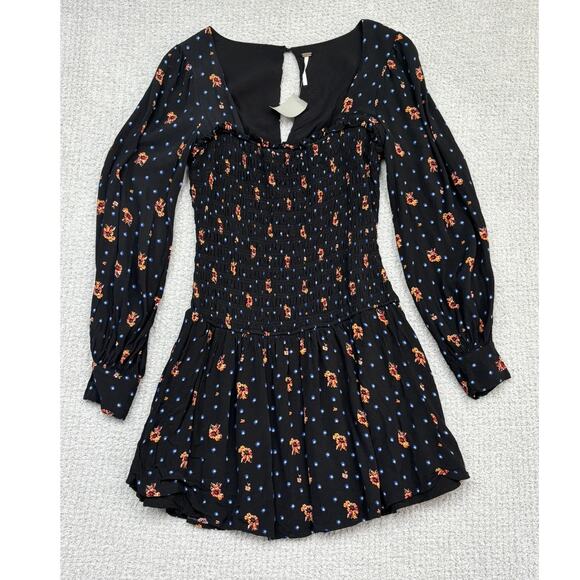 Free People Women's Black Floral Print Long Sleeve Dress Size XS #61396 - Picture 1 of 3